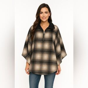 Blank NYC checked out plaid poncho cape jacket quarter zip vegan leather collar